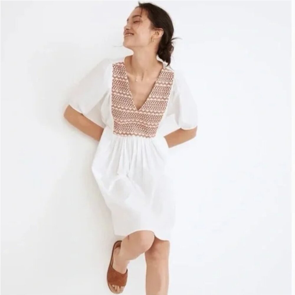 Madewell Embroidered Poplin V-Neck Mini Dress White M